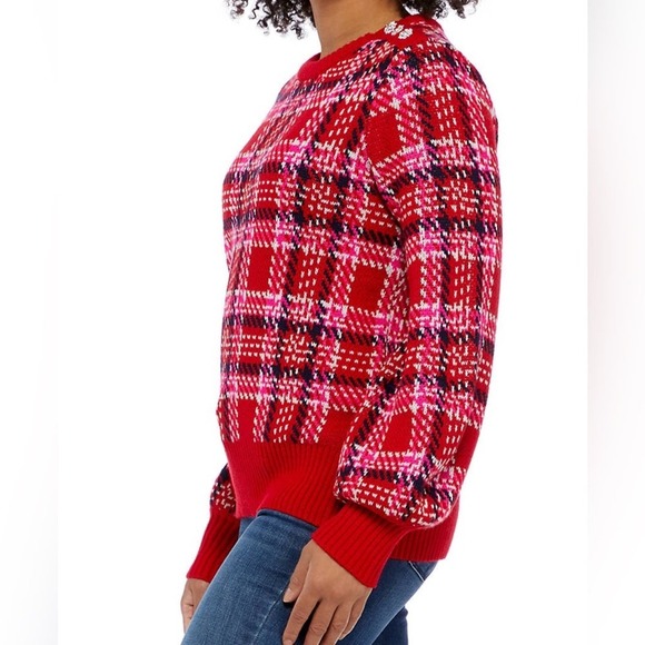 Crown & Ivy women’s size large red plaid pullover sweater rhinestone shoulders - Picture 4 of 11